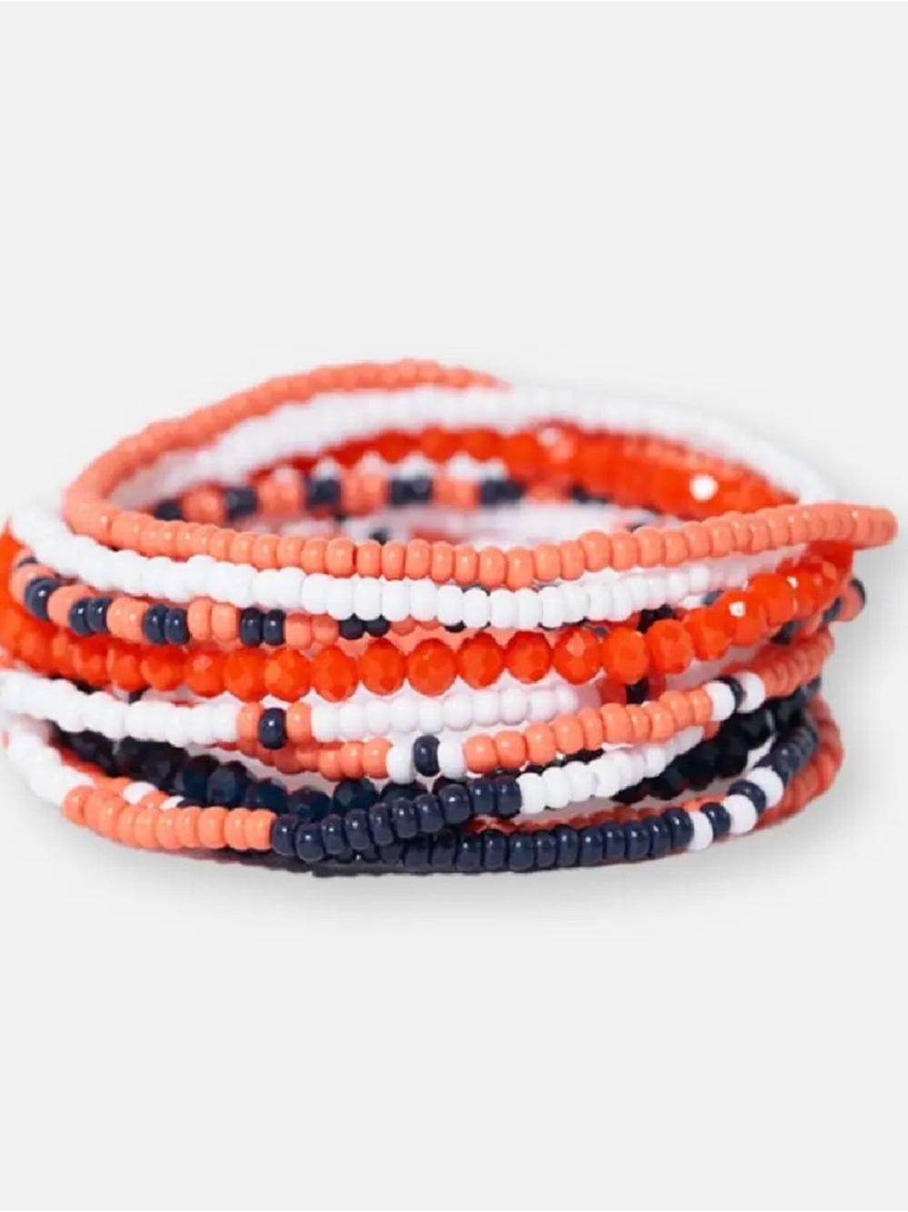 New in package Hand beaded 10 bracelet stack orange blue white Seed beads Auburn